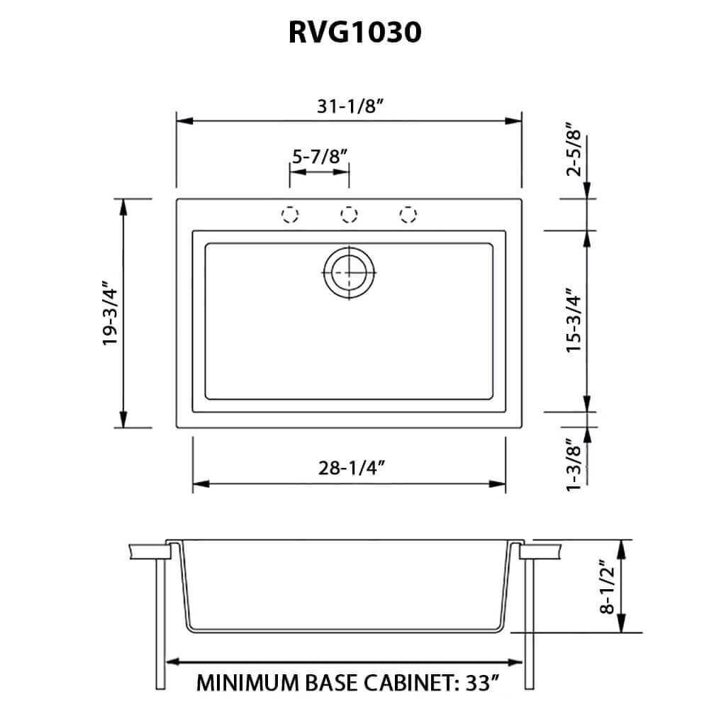 Dimensions Image for Ruvati epiGranite 30" Drop-in Topmount Granite Composite Kitchen Sink, Silver Gray, RVG1030GR