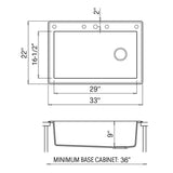 Dimensions Image for Ruvati epiGranite 33" Drop-in Topmount Granite Composite Kitchen Sink, Catalina Blue, RVG1033LU