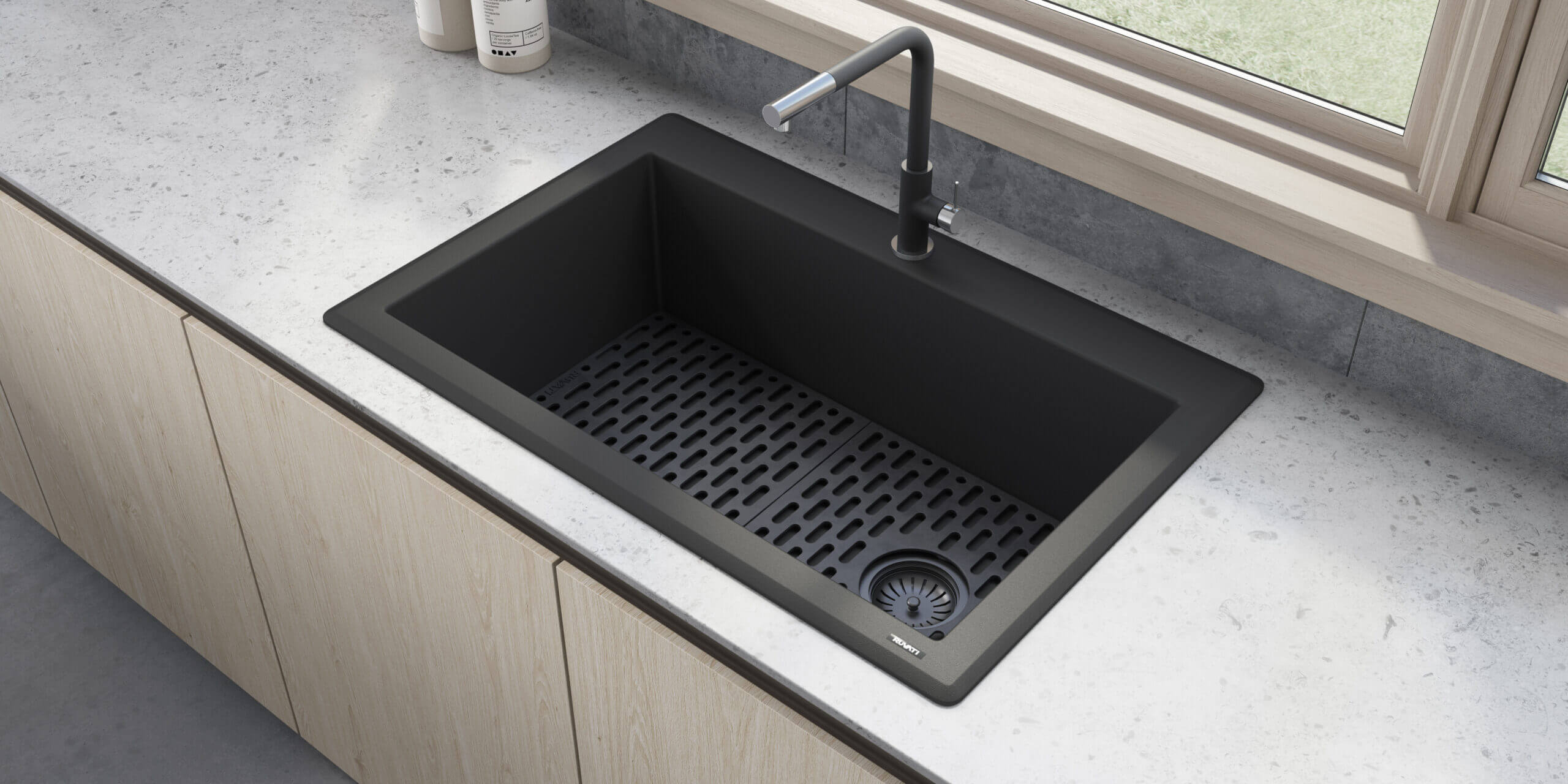 Alternative View of Ruvati epiGranite 33" Drop-in Topmount Granite Composite Kitchen Sink, Midnight Black, RVG1033BK