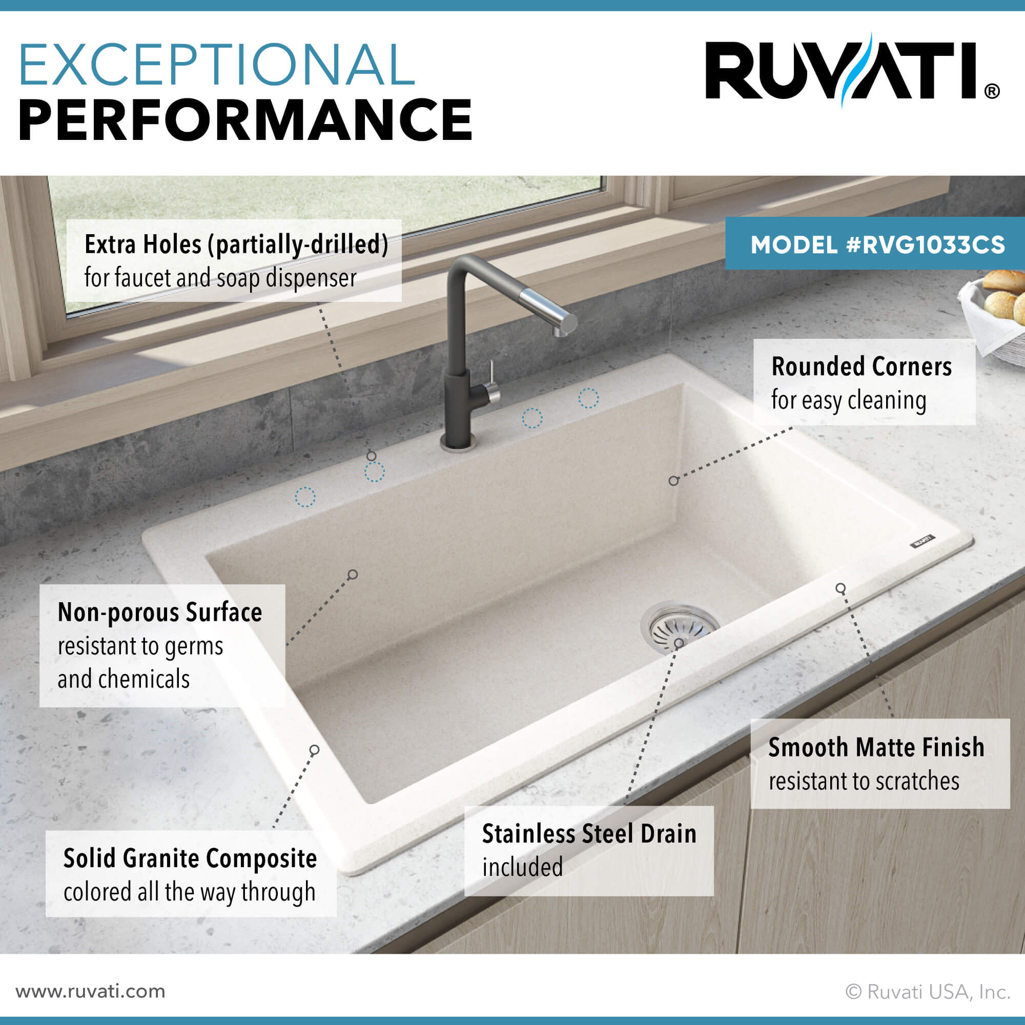 Alternative View of Ruvati epiGranite 33" Drop-in Topmount Granite Composite Kitchen Sink, Caribbean Sand, RVG1033CS