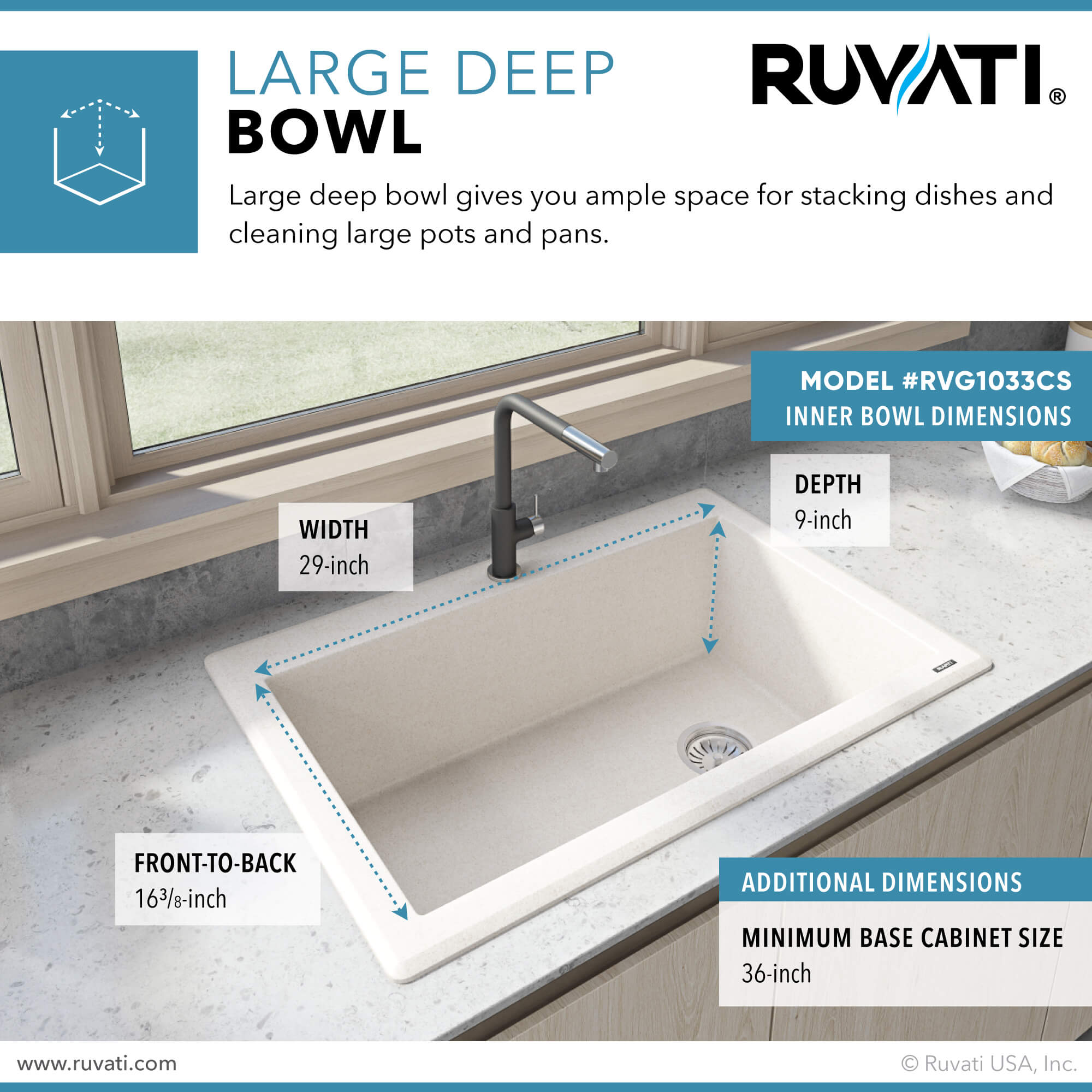 Alternative View of Ruvati epiGranite 33" Drop-in Topmount Granite Composite Kitchen Sink, Caribbean Sand, RVG1033CS