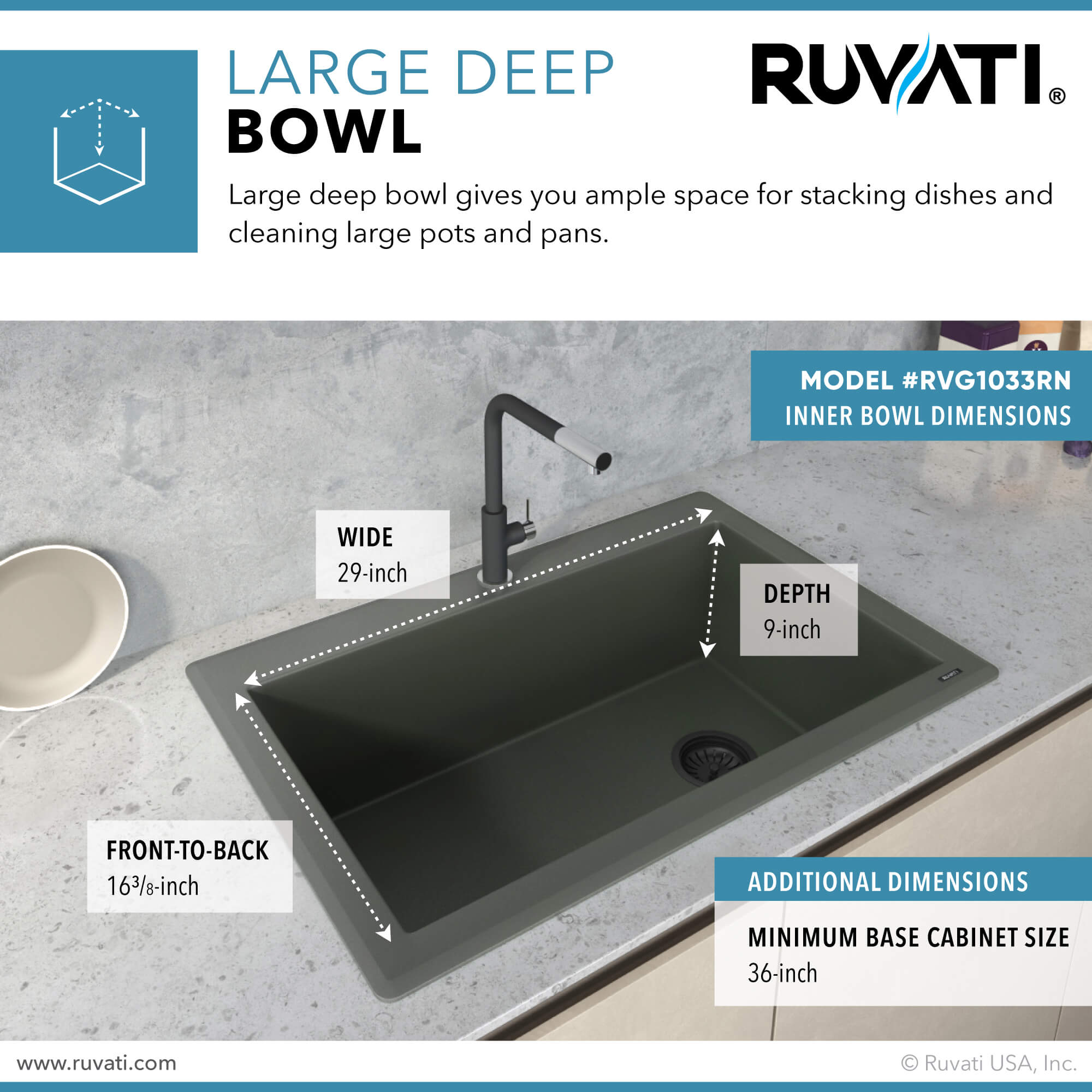 Alternative View of Ruvati epiGranite 33" Drop-in Topmount Granite Composite Kitchen Sink, Juniper Green, RVG1033RN