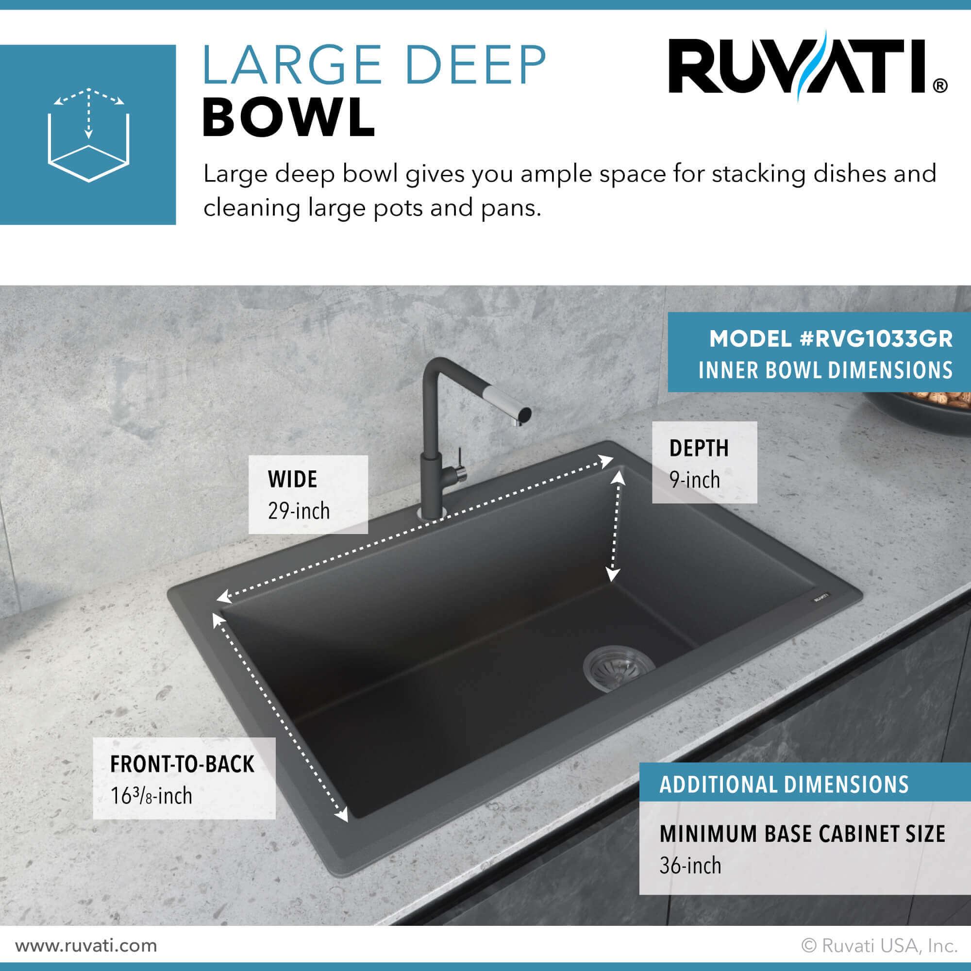 Ruvati epiGranite 33" Drop In Granite Composite Workstation Kitchen Sink, Urban Gray, RVG1033UG Product Image