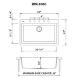 Dimensions for Ruvati epiGranite 33" Drop-in Topmount Granite Composite Kitchen Sink, Arctic White, RVG1080WH