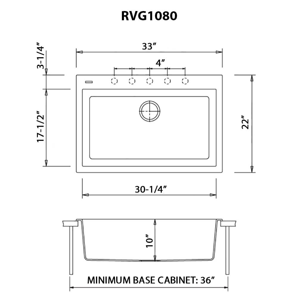 Dimensions Image for Ruvati 33 x 22 inch epiGranite Drop-in Topmount Granite Composite Single Bowl Kitchen Sink, Espresso Brown, RVG1080ES