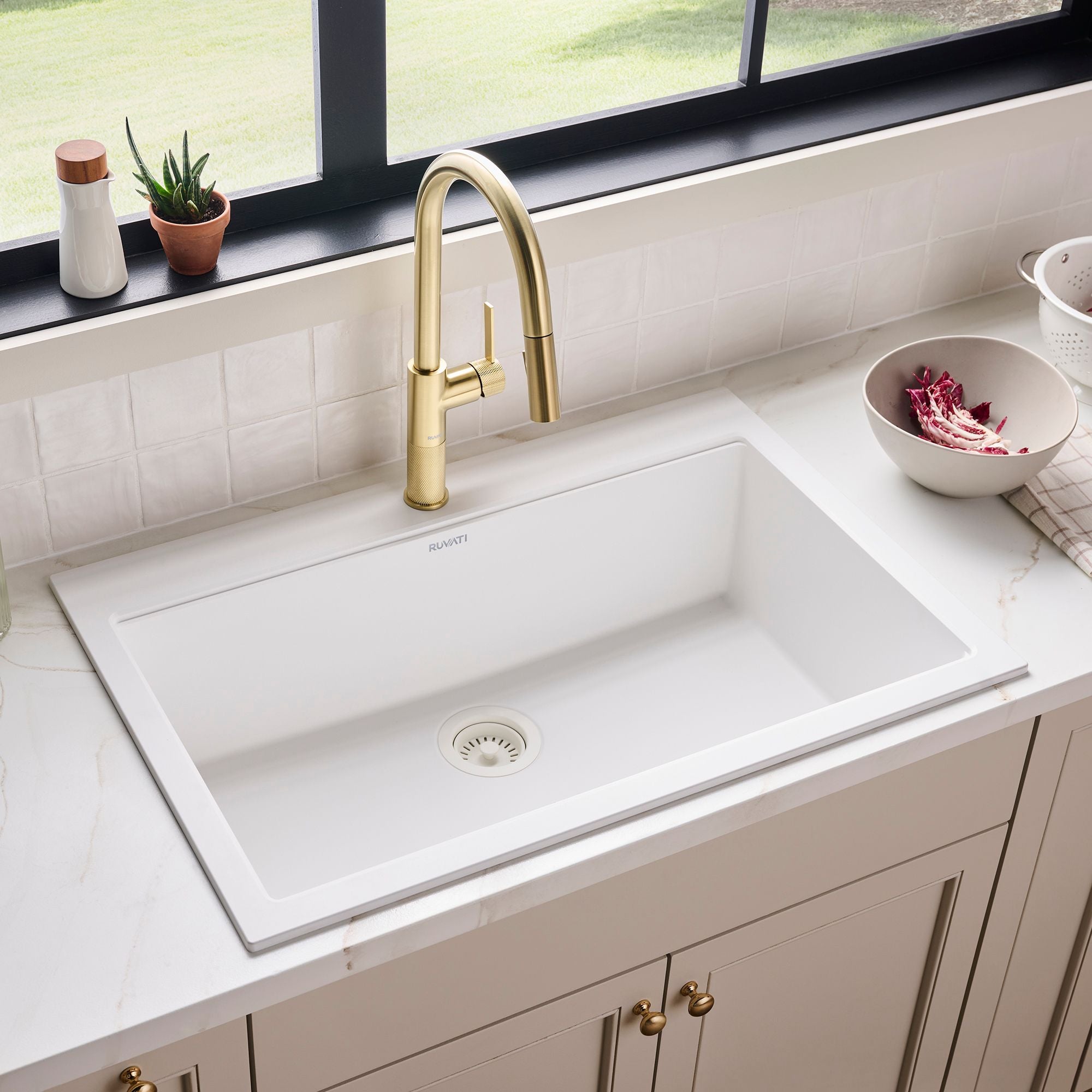 Ruvati epiGranite 33" Drop In Granite Composite Workstation Kitchen Sink, Arctic White Matte, RVG1083WH