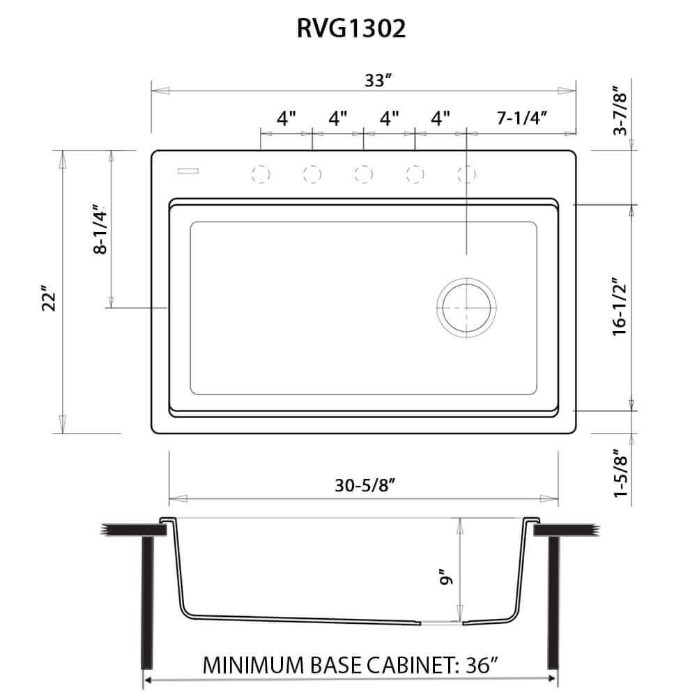 Dimensions Image for Ruvati epiStage 33" Drop-in Topmount Granite Composite Workstation Kitchen Sink, Urban Gray, RVG1302UG