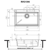 Dimensions Image for Ruvati epiStage 33-inch Granite Composite Workstation Matte Black Drop-in Topmount Kitchen Sink, RVG1306BK