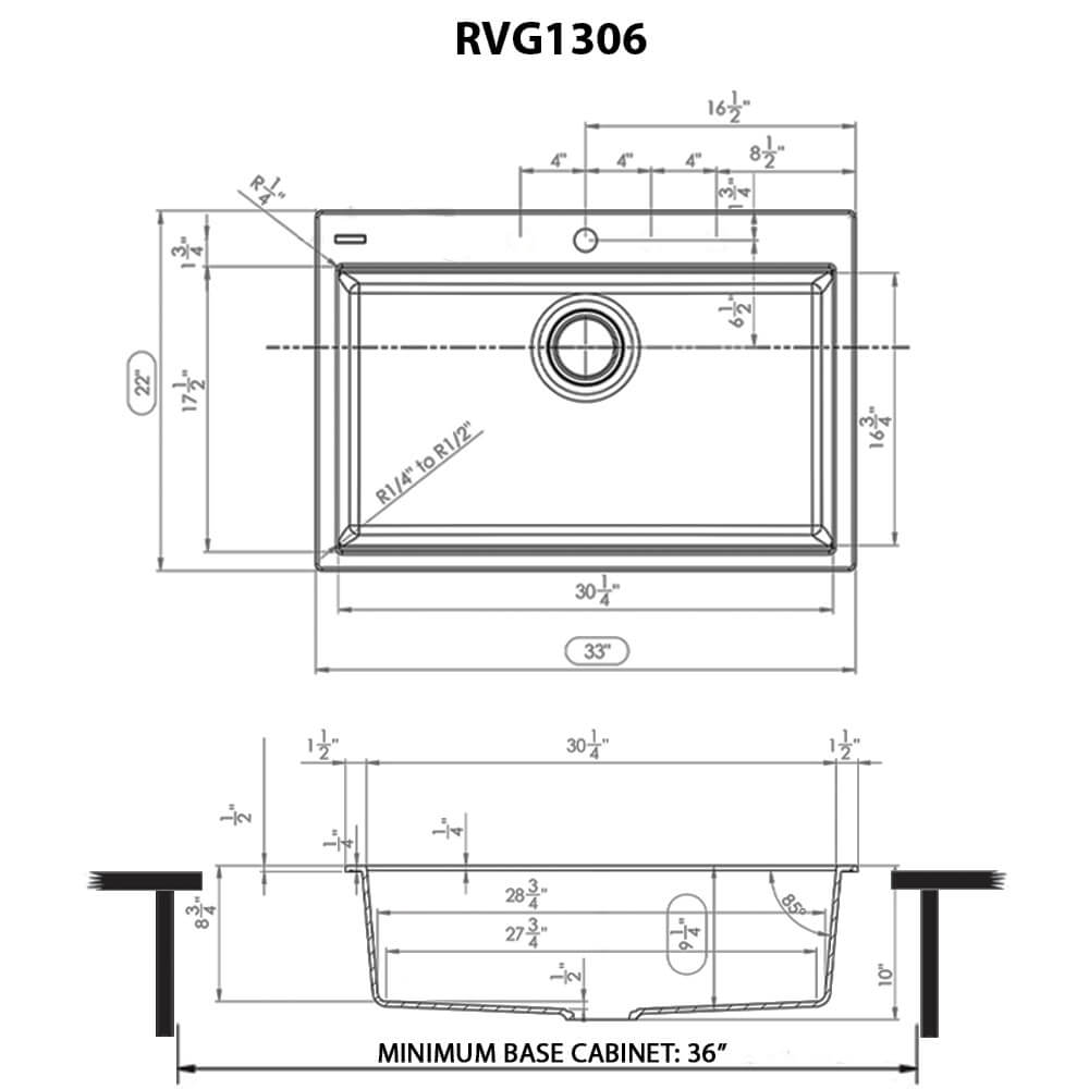 Dimensions Image for Ruvati epiStage 33-inch Granite Composite Workstation Drop-in Topmount Kitchen Sink Urban Gray, RVG1306UG