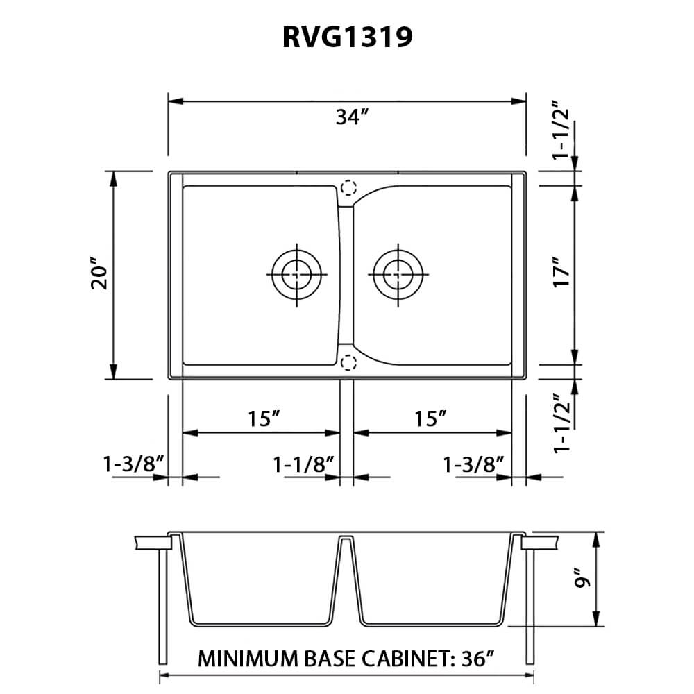 Dimensions Image for Ruvati epiGranite 34" Dual-Mount Granite Composite Kitchen Sink, 50/50 Double Bowl, Midnight Black, RVG1319BK
