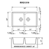 Dimensions Image for Ruvati epiGranite 34" Dual-Mount Granite Composite Kitchen Sink, 50/50 Double Bowl, Midnight Black, RVG1319BK