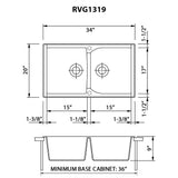 Dimensions for Ruvati epiGranite 34" Dual-Mount Granite Composite Kitchen Sink, 50/50 Double Bowl, Midnight Black, RVG1319BK