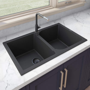 Alternate Image for Ruvati epiGranite 34" Dual-Mount Granite Composite Kitchen Sink, 50/50 Double Bowl, Midnight Black, RVG1319BK