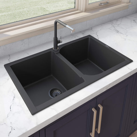 Main Image of Ruvati epiGranite 34" Dual-Mount Granite Composite Kitchen Sink, 50/50 Double Bowl, Midnight Black, RVG1319BK