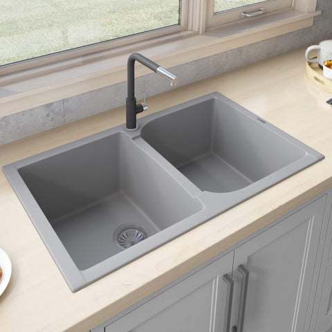 Main Image of Ruvati epiGranite 34" Dual-Mount Granite Composite Kitchen Sink, 50/50 Double Bowl, Silver Gray, RVG1319GR