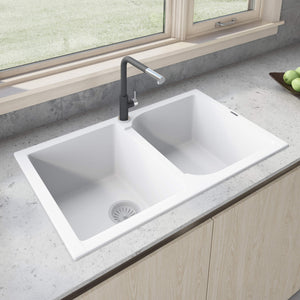 Alternate Image for Ruvati epiGranite 34" Dual-Mount Granite Composite Kitchen Sink, 50/50 Double Bowl, Arctic White, RVG1319WH