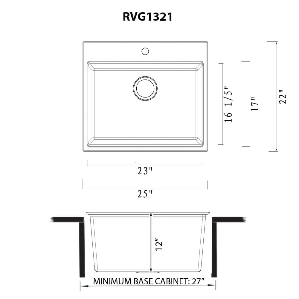 Dimensions Image for Ruvati 25-inch epiRock Workstation Charcoal Black Topmount Laundry Sink, Composite, RVG1321CK