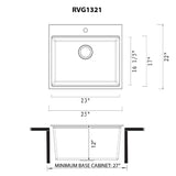 Dimensions Image for Ruvati 25-inch epiRock Workstation Charcoal Black Topmount Laundry Sink, Composite, RVG1321CK