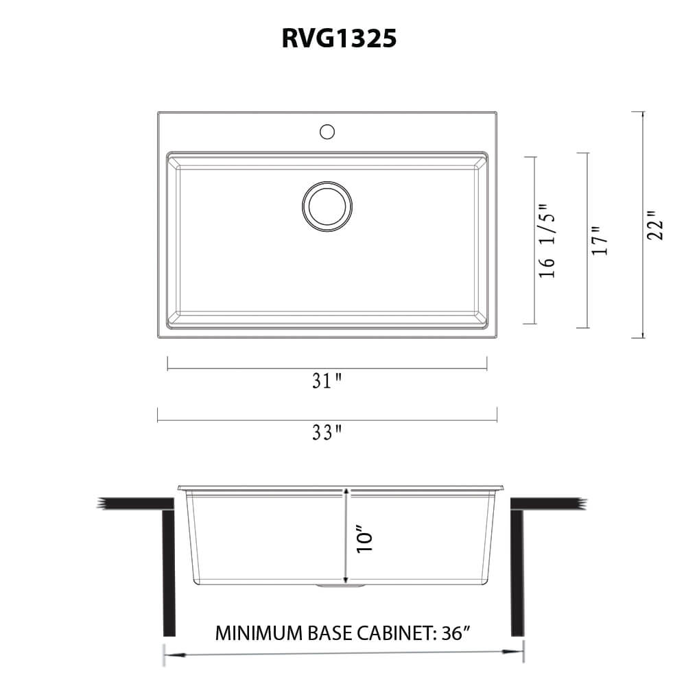 Dimensions Image for Ruvati 33-inch epiRock Workstation Charcoal Black Topmount Kitchen Sink, Composite, RVG1325CK