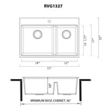 Dimensions Image for Ruvati 33-inch epiRock Workstation Warm White Double Bowl Topmount Kitchen Sink, Composite, RVG1327WB