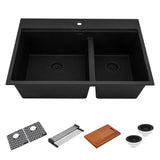 Ruvati 33-inch epiRock Workstation Charcoal Black Double Bowl Topmount Kitchen Sink, Composite, RVG1327CK