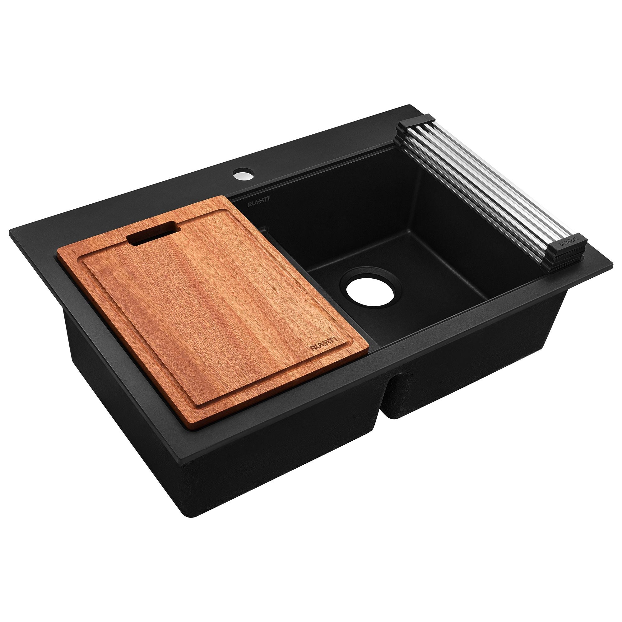 Ruvati epiGranite 33" Drop In Granite Composite Workstation Kitchen Sink, 50/50 Double Bowl, Midnight Black, RVG1343BK Product Image