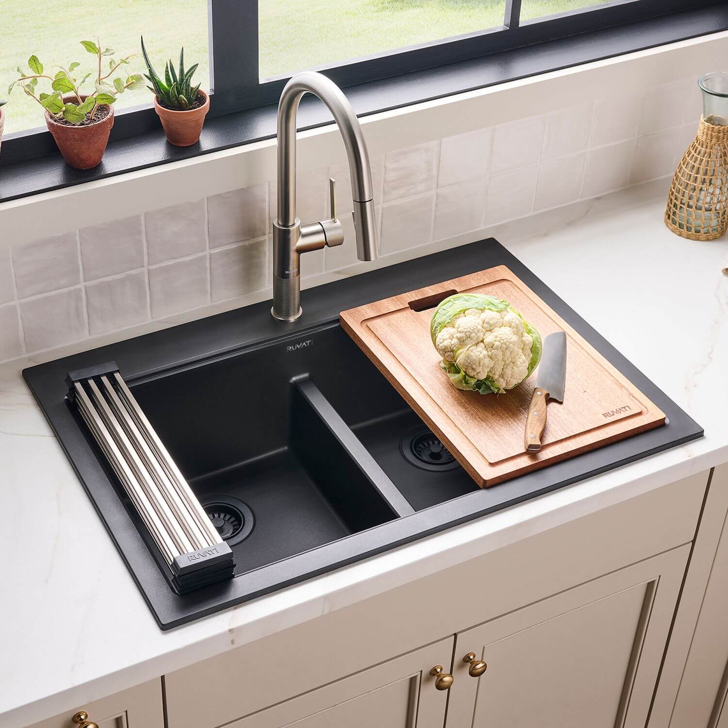 Ruvati epiGranite 33" Drop In Granite Composite Workstation Kitchen Sink, 50/50 Double Bowl, Midnight Black, RVG1343BK