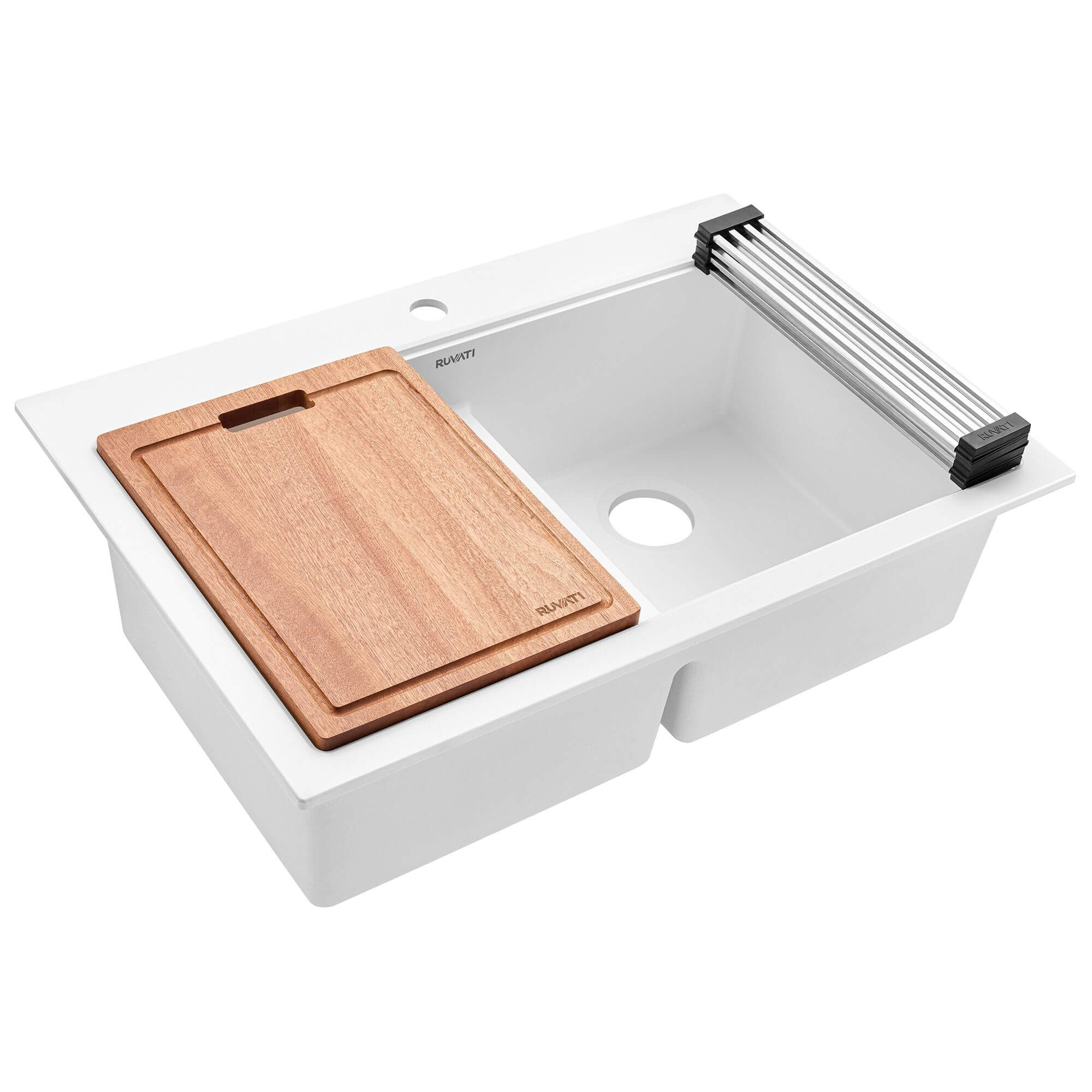 Ruvati epiGranite 33" Drop In Granite Composite Workstation Kitchen Sink, 50/50 Double Bowl, Arctic White Matte, RVG1343WH Product Image