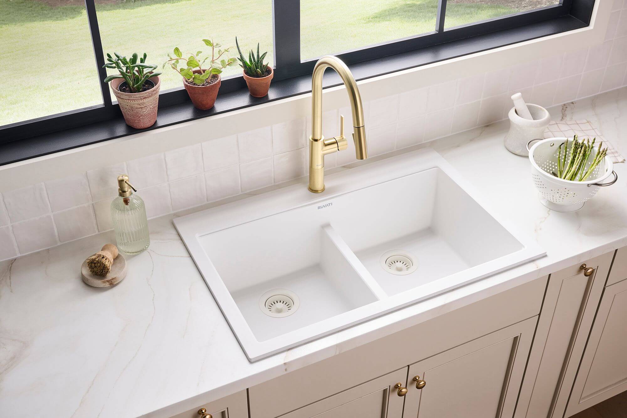 Ruvati epiGranite 33" Drop In Granite Composite Workstation Kitchen Sink, 50/50 Double Bowl, Arctic White Matte, RVG1343WH Product Image