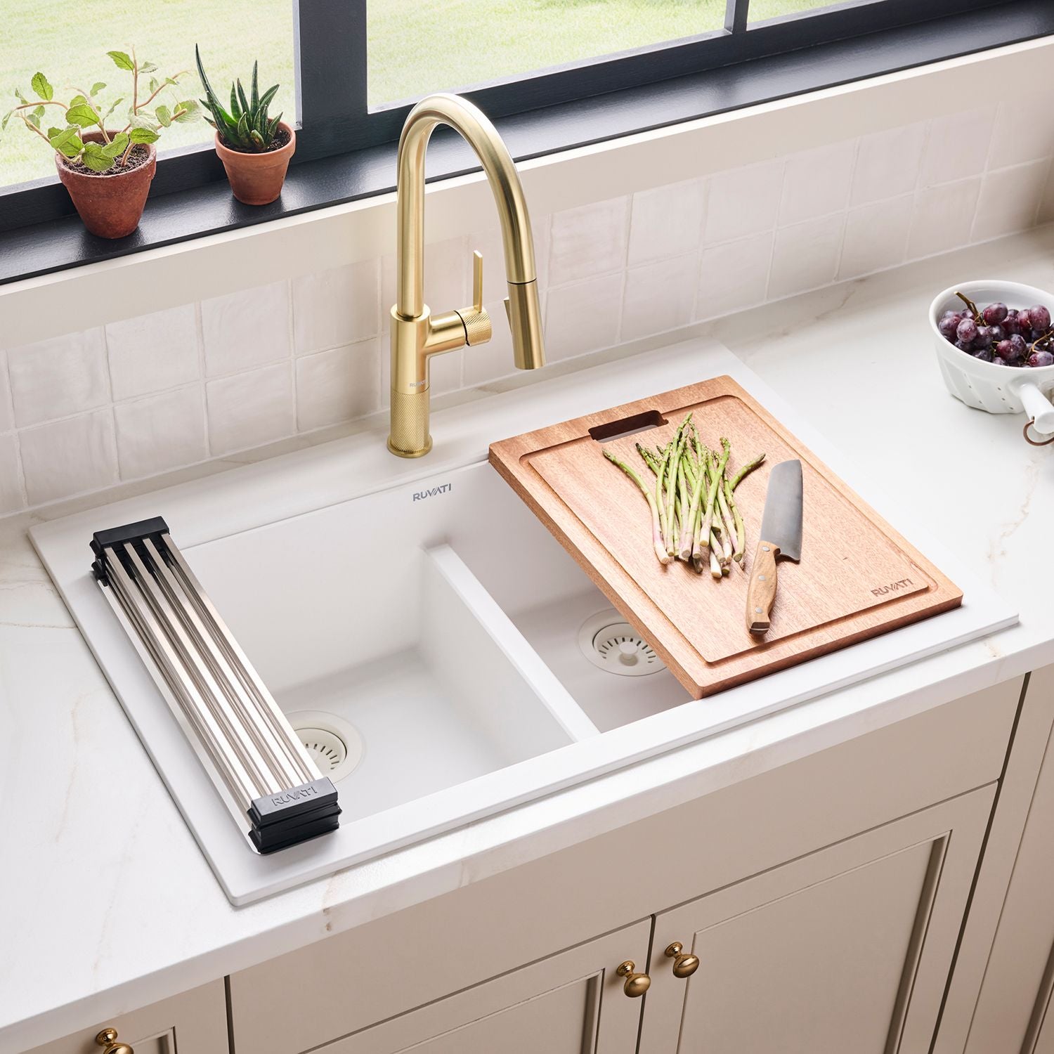 Ruvati epiGranite 33" Drop In Granite Composite Workstation Kitchen Sink, 50/50 Double Bowl, Arctic White Matte, RVG1343WH