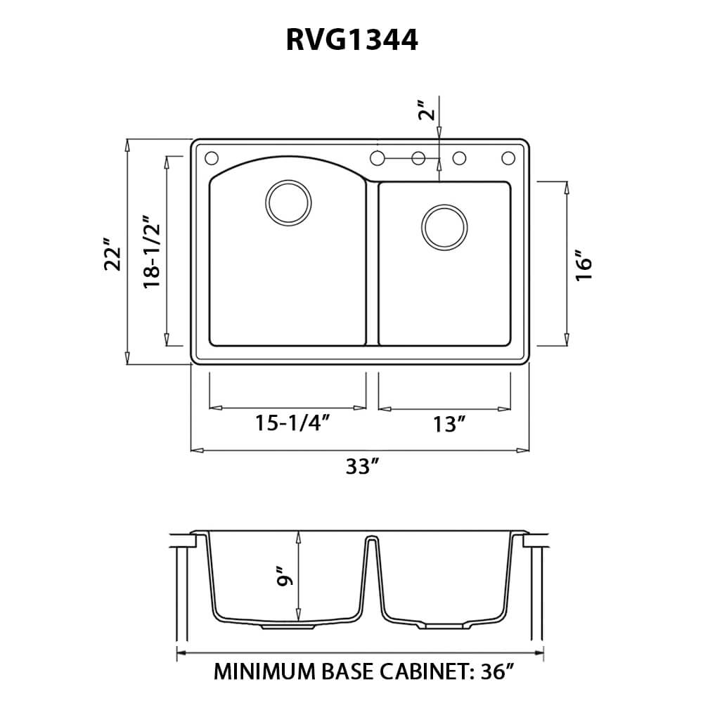 Dimensions Image for Ruvati epiGranite 33" Dual-Mount Granite Composite Kitchen Sink, 55/45 Double Bowl, Caribbean Sand, RVG1344CS