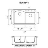 Dimensions for Ruvati epiGranite 33" Dual-Mount Granite Composite Kitchen Sink, 55/45 Double Bowl, Caribbean Sand, RVG1344CS
