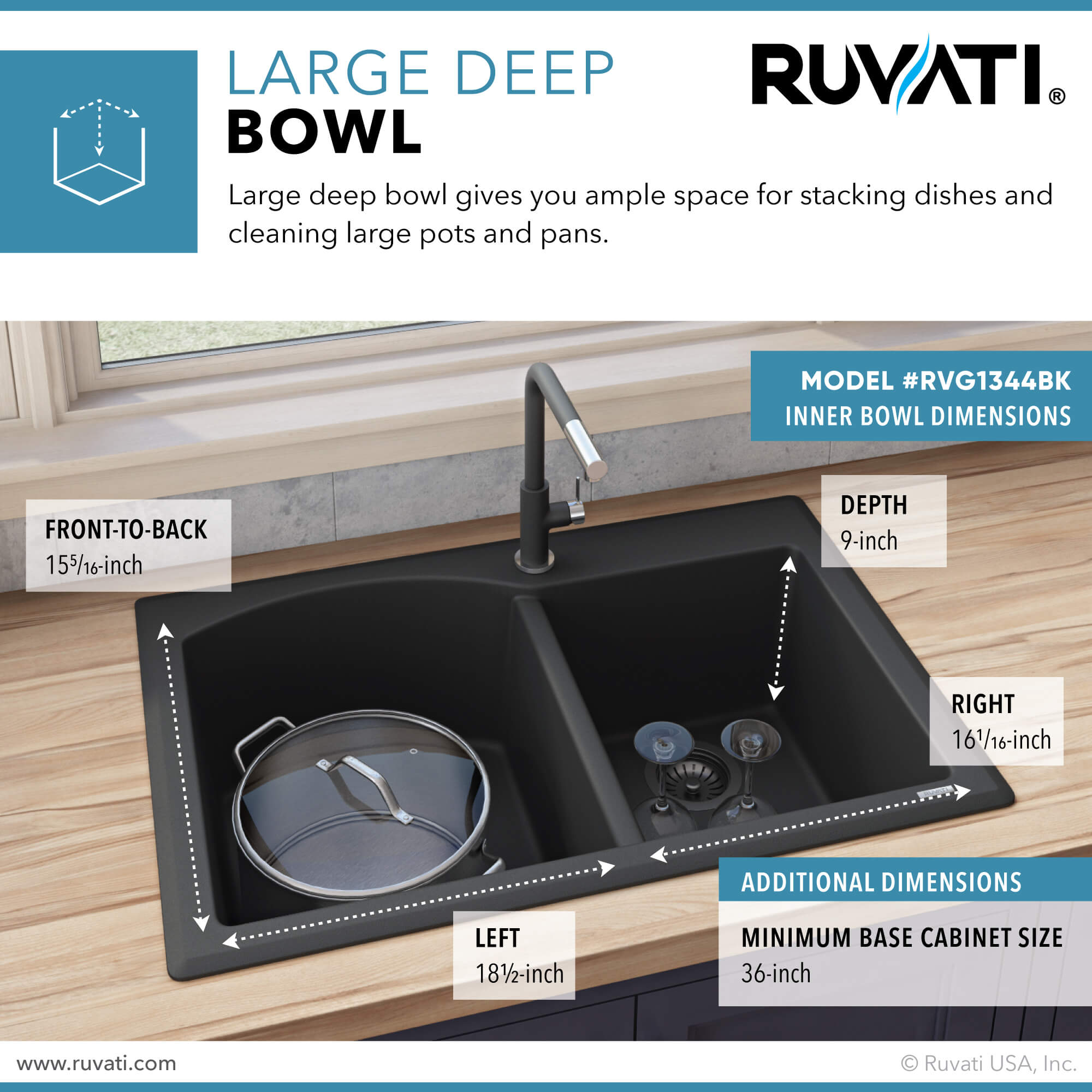 Alternative View of Ruvati epiGranite 33" Dual-Mount Granite Composite Kitchen Sink, 55/45 Double Bowl, Midnight Black, RVG1344BK