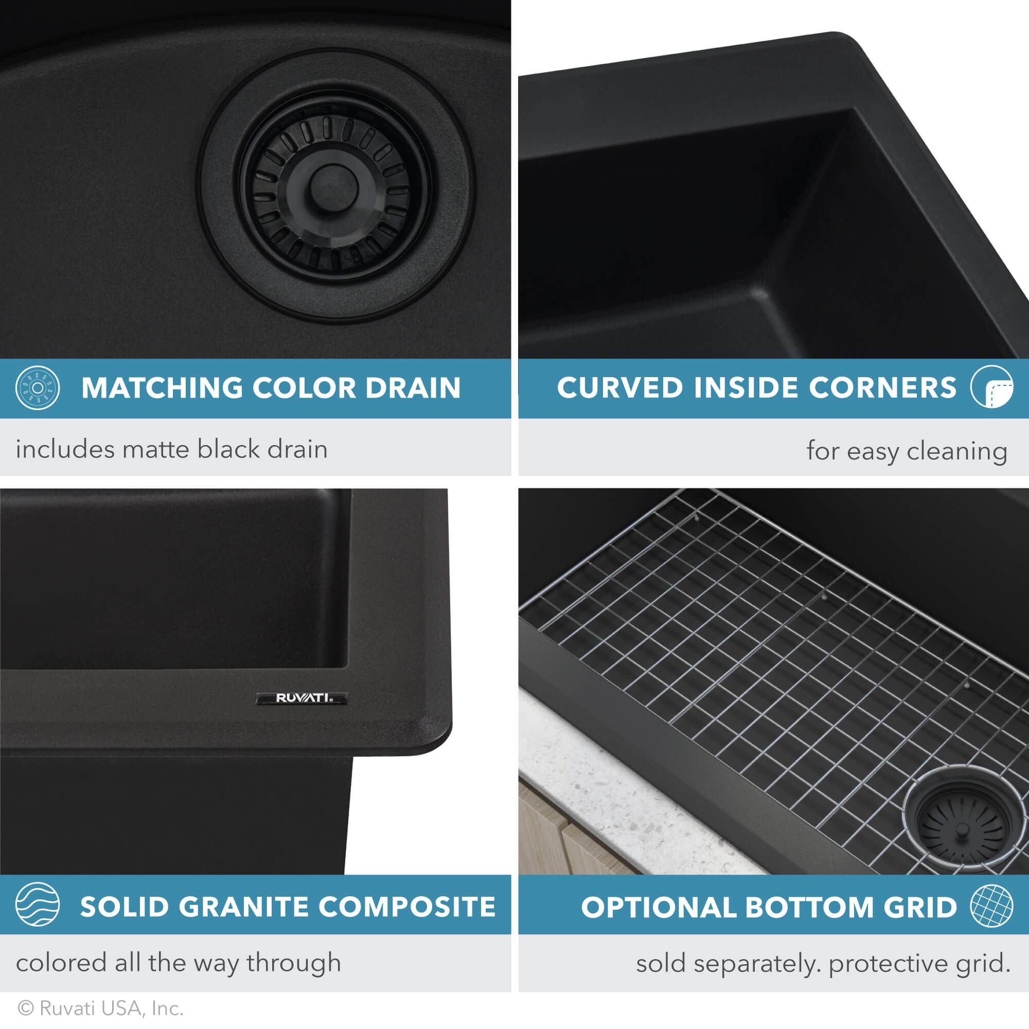 Alternative View of Ruvati epiGranite 33" Dual-Mount Granite Composite Kitchen Sink, 55/45 Double Bowl, Midnight Black, RVG1344BK