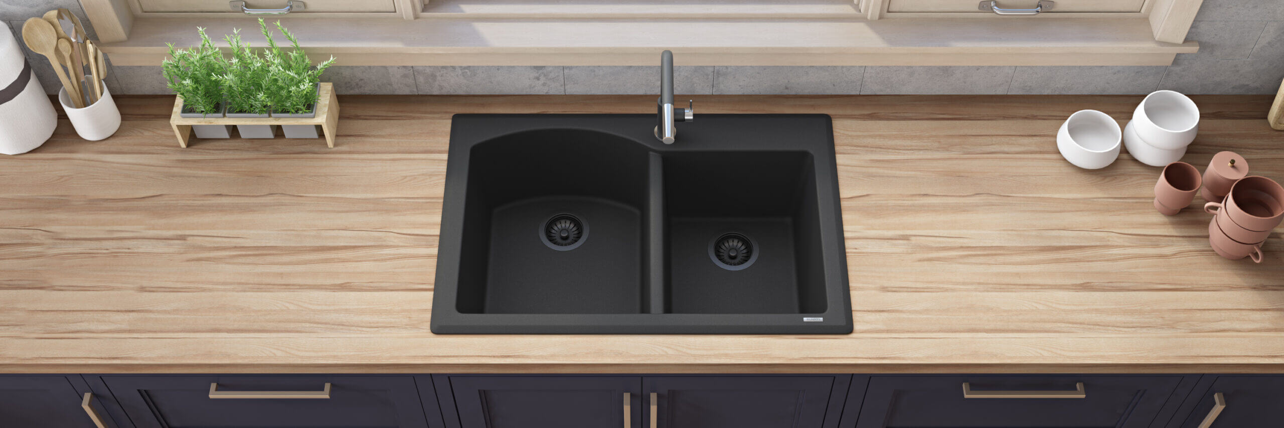 Alternative View of Ruvati epiGranite 33" Dual-Mount Granite Composite Kitchen Sink, 55/45 Double Bowl, Midnight Black, RVG1344BK