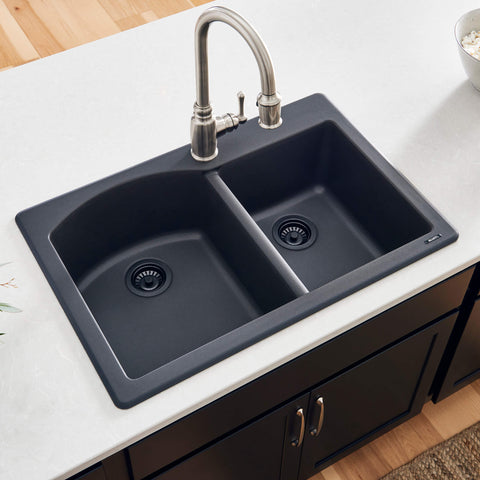 Main Image of Ruvati epiGranite 33" Dual-Mount Granite Composite Kitchen Sink, 55/45 Double Bowl, Midnight Black, RVG1344BK