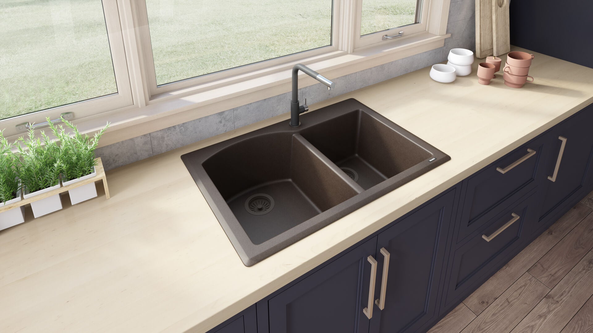 Alternative View of Ruvati epiGranite 33" Dual-Mount Granite Composite Kitchen Sink, 55/45 Double Bowl, Espresso / Coffee Brown, RVG1344ES