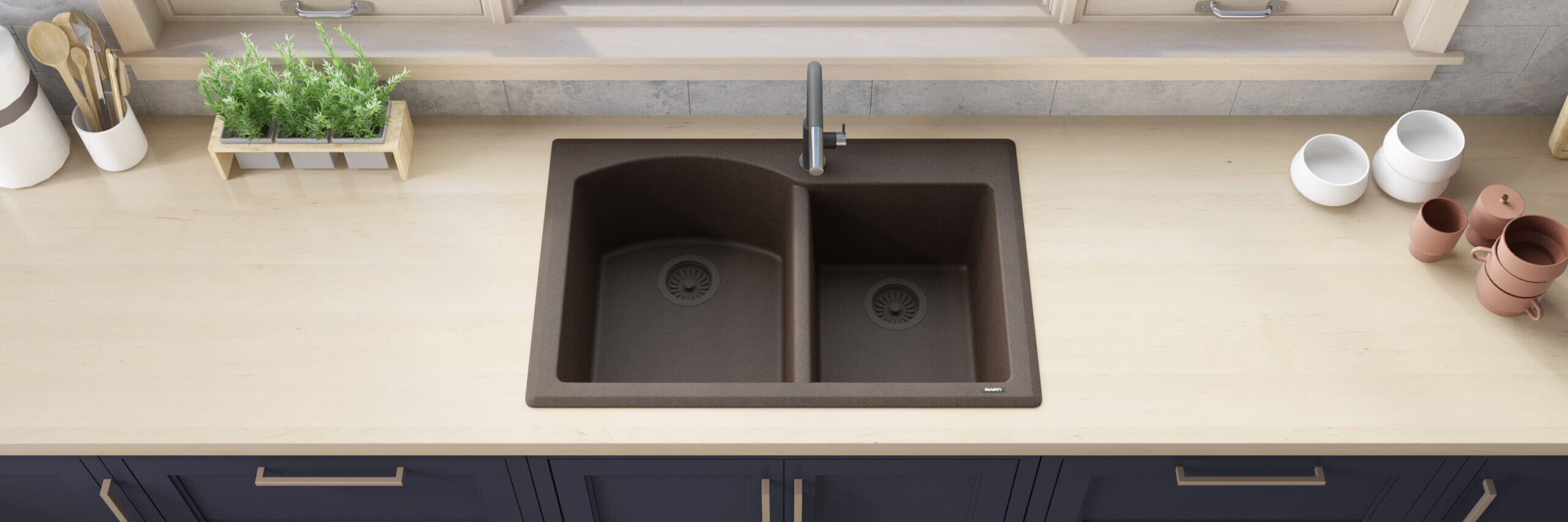 Alternative View of Ruvati epiGranite 33" Dual-Mount Granite Composite Kitchen Sink, 55/45 Double Bowl, Espresso / Coffee Brown, RVG1344ES