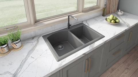 Main Image of Ruvati epiGranite 33" Dual-Mount Granite Composite Kitchen Sink, 55/45 Double Bowl, Urban Gray, RVG1344GR
