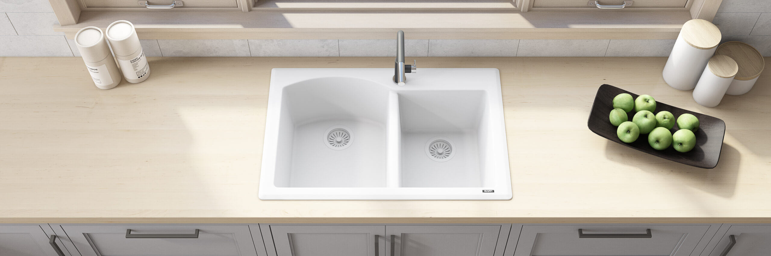 Alternative View of Ruvati epiGranite 33" Dual-Mount Granite Composite Kitchen Sink, 55/45 Double Bowl, Arctic White, RVG1344WH