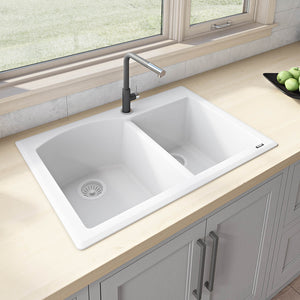 Alternate Image for Ruvati epiGranite 33" Dual-Mount Granite Composite Kitchen Sink, 55/45 Double Bowl, Arctic White, RVG1344WH