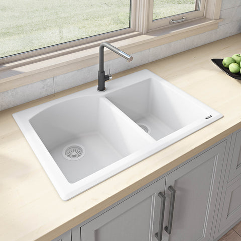 Main Image of Ruvati epiGranite 33" Dual-Mount Granite Composite Kitchen Sink, 55/45 Double Bowl, Arctic White, RVG1344WH