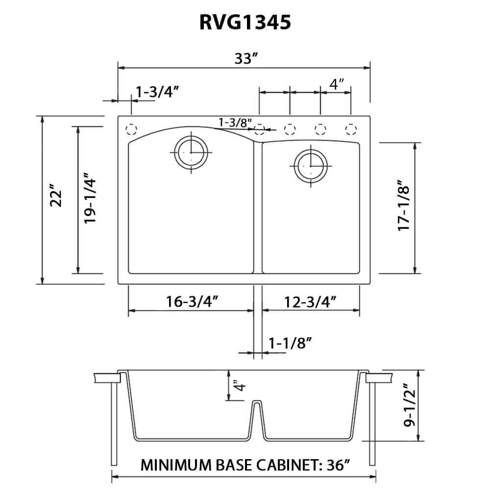 Dimensions Image for Ruvati epiGranite 33" Drop-in Topmount Granite Composite Kitchen Sink, 55/45 Double Bowl, Arctic White, RVG1345WH
