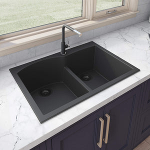 Alternate Image for Ruvati epiGranite 33" Drop-in Topmount Granite Composite Kitchen Sink, 55/45 Double Bowl, Midnight Black, RVG1345BK
