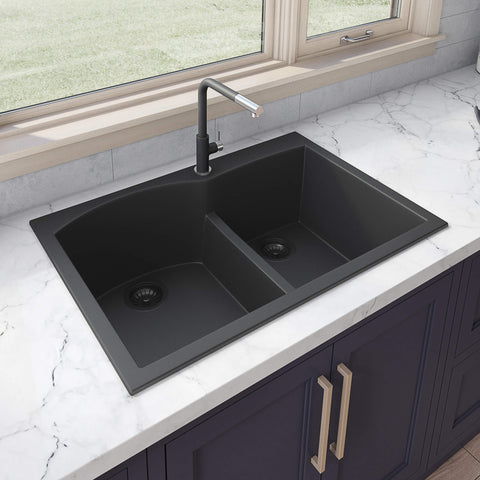 Main Image of Ruvati epiGranite 33" Drop-in Topmount Granite Composite Kitchen Sink, 55/45 Double Bowl, Midnight Black, RVG1345BK