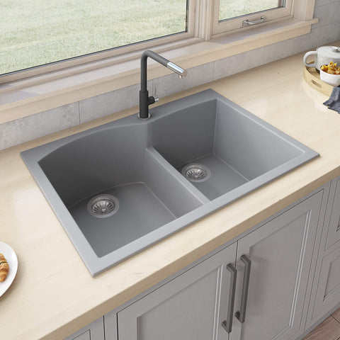 Main Image of Ruvati epiGranite 33" Drop-in Topmount Granite Composite Kitchen Sink, 55/45 Double Bowl, Silver Gray, RVG1345GR