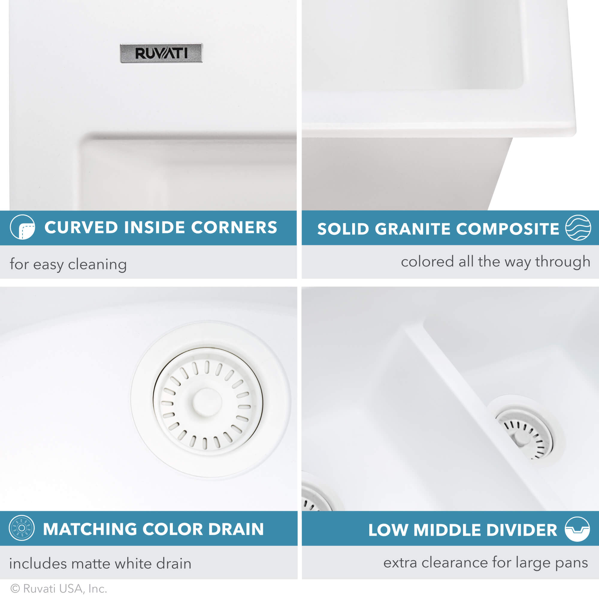 Alternative View of Ruvati epiGranite 33" Drop-in Topmount Granite Composite Kitchen Sink, 55/45 Double Bowl, Arctic White, RVG1345WH