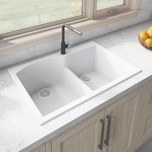 Alternate Image for Ruvati epiGranite 33" Drop-in Topmount Granite Composite Kitchen Sink, 55/45 Double Bowl, Arctic White, RVG1345WH