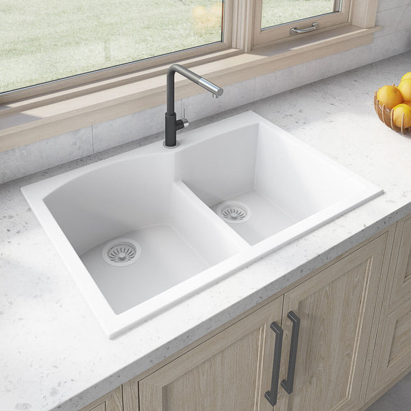 Main Image of Ruvati epiGranite 33" Drop-in Topmount Granite Composite Kitchen Sink, 55/45 Double Bowl, Arctic White, RVG1345WH