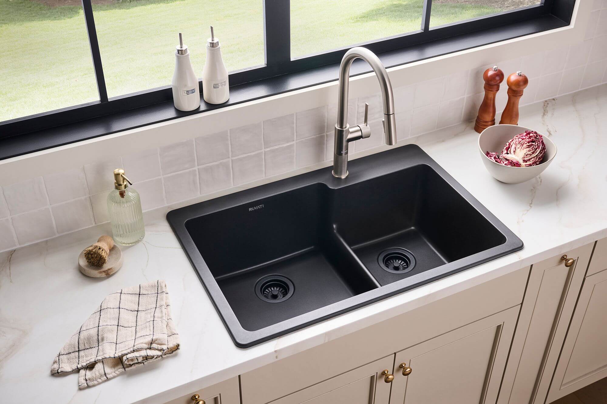 Ruvati epiGranite 33" Drop In Granite Composite Workstation Kitchen Sink, 60/40 Double Bowl, Midnight Black, RVG1347BK Product Image